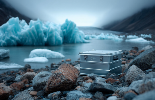 Caisse en aluminium de Defender placée sur des rochers près d'un lac glaciaire