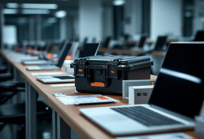 Mallette de protection HUSK posée sur une table de travail, entre des ordinateurs portables et des documents