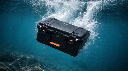 Valise rigide étanche HUSK sous l'eau, entourée d'éclaboussures dans un environnement sous-marin.