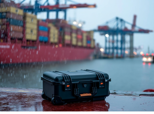 Valise rigide HUSK posée sur un quai humide dans un environnement portuaire, avec des porte-conteneurs et des grues en arrière-plan.