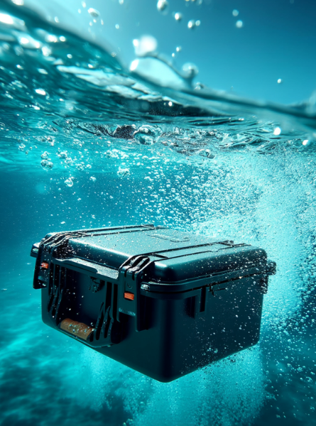 Valise rigide HUSK sous l'eau, entourée de bulles d'air dans un environnement sous-marin clair.