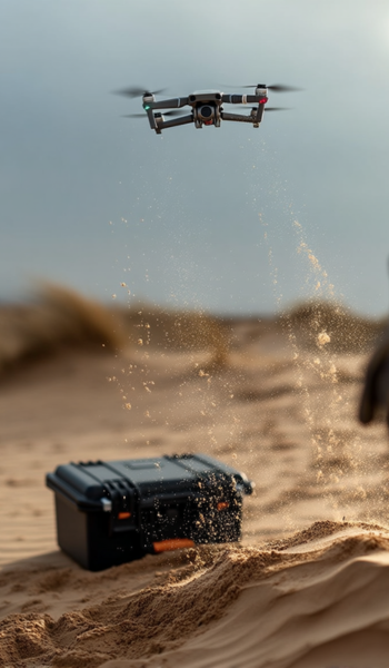 Valise rigide HUSK placée dans un environnement extérieur sablonneux, tandis qu'un drone vole au-dessus d'elle et projette du sable tout autour.