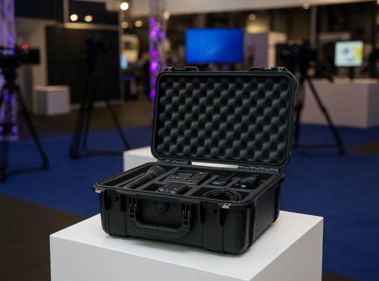 Valise noire ouverte avec mousse alvéolée et compartiments sur mesure pour microphones et équipement audio, présentée sur un stand d'exposition.