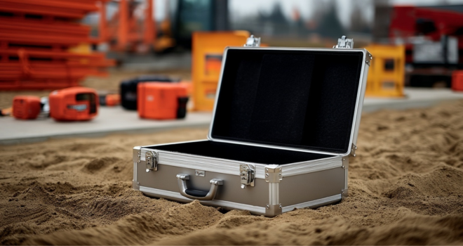 Mio valise ouverte avec intérieur vide dans un environnement de travail industriel