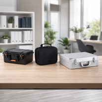 Valise en plastique HUSK, étui souple Shell Case et valise en aluminium MIO côte à côte