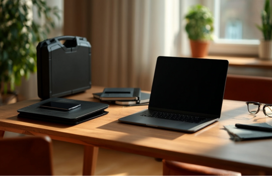 Mallette rigide de protection Maxado posée sur un bureau en bois à côté d'un ordinateur portable ouvert, d'une tablette et d'un cahier, dans un environnement de travail calme à domicile ou au bureau.
