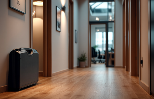 Valise Maxado noire renforcée posée debout dans un hall de bureau moderne avec sol en bois et vue sur les espaces de travail en arrière-plan.