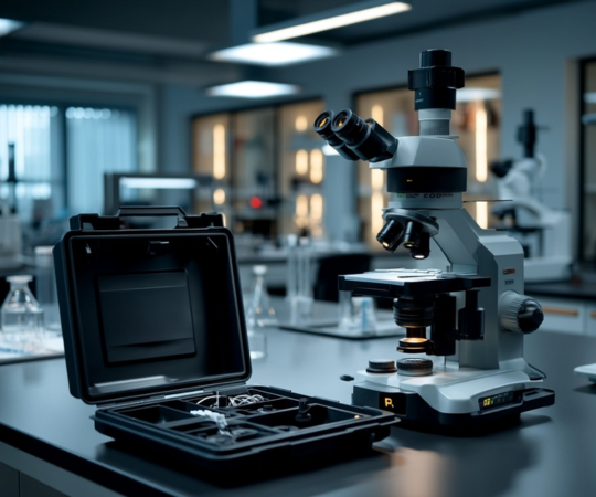 Valise de protection Maxado ouverte à côté d'un microscope dans un environnement de laboratoire, avec intérieur organisé pour le rangement et le transport en toute sécurité d'instruments de précision.