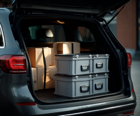 Caisses de transport RAKO en plastique gris et cartons dans le coffre d'une voiture particulière