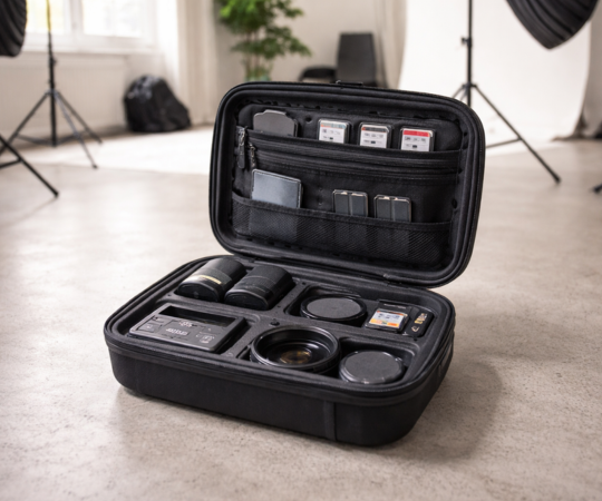 Étui ouvert avec accessoires pour appareil photo et cartes mémoire dans un studio