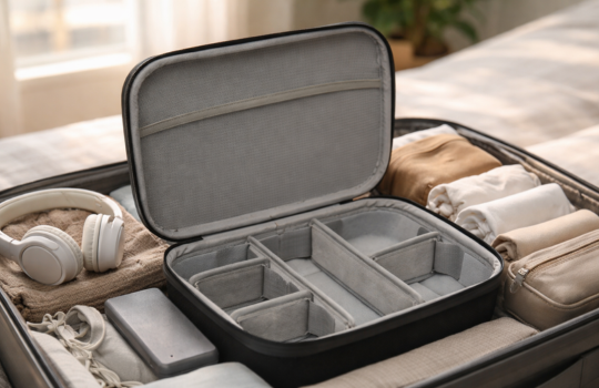 Étui souple Shell Case avec intérieur rembourré et compartiments amovibles, ouvert et rempli d'accessoires tels que des écouteurs, des câbles et des vêtements pliés.