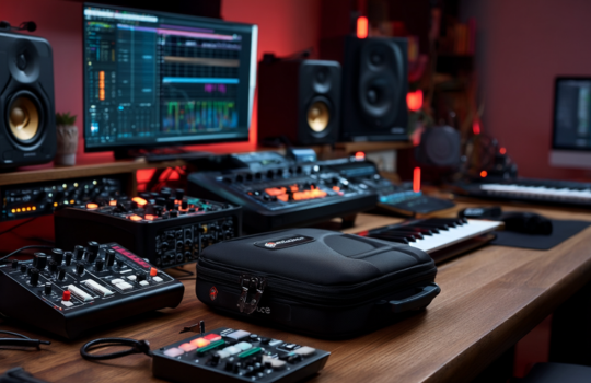 Shell Case étui souple placé sur un poste de travail en studio avec synthétiseurs, tables de mixage audio, moniteurs et clavier MIDI, destiné au rangement et au transport d'équipements audio.