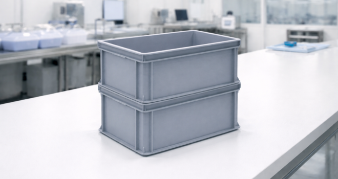 Bac empilable RAKO en plastique gris dans un environnement de salle blanche pour l'assemblage médical ou high-tech