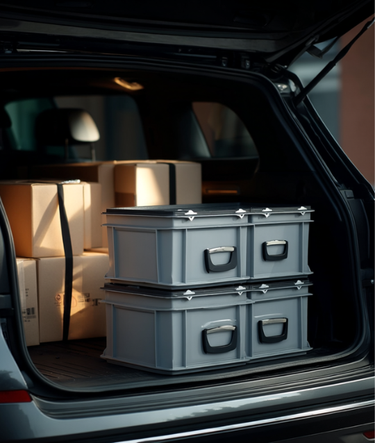 Bacs RAKO gris empilés dans le coffre d'une voiture, utilisés pour transporter des cartons et des marchandises.