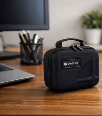 Étui souple Shell Case avec poignée posé sur un bureau dans un environnement professionnel, à côté d'un ordinateur portable et d'accessoires de bureau.