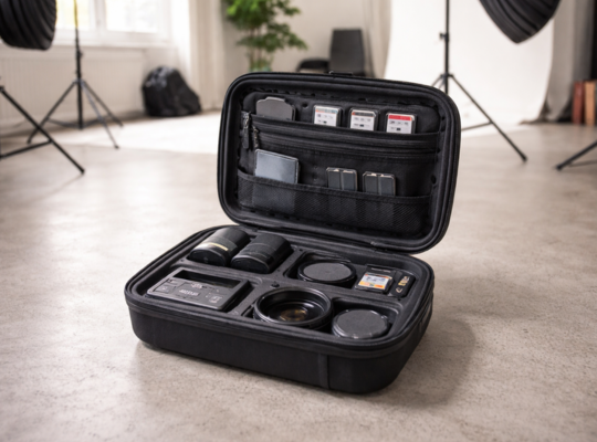Étui Shell noir ouvert avec compartiments organisés pour appareil photo, objectifs, batteries et accessoires, placé dans un environnement de studio