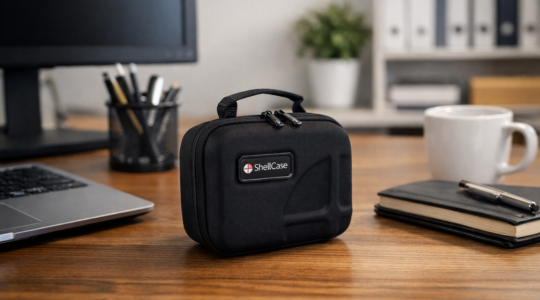 Étui souple Shell Case avec poignée posé sur un bureau dans un environnement professionnel, à côté d'un ordinateur portable, d'un cahier et d'une tasse à café.