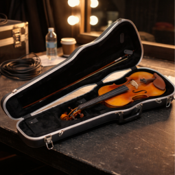 Mallette SKB pour violon avec violon ouverte dans les coulisses d'un lieu de divertissement