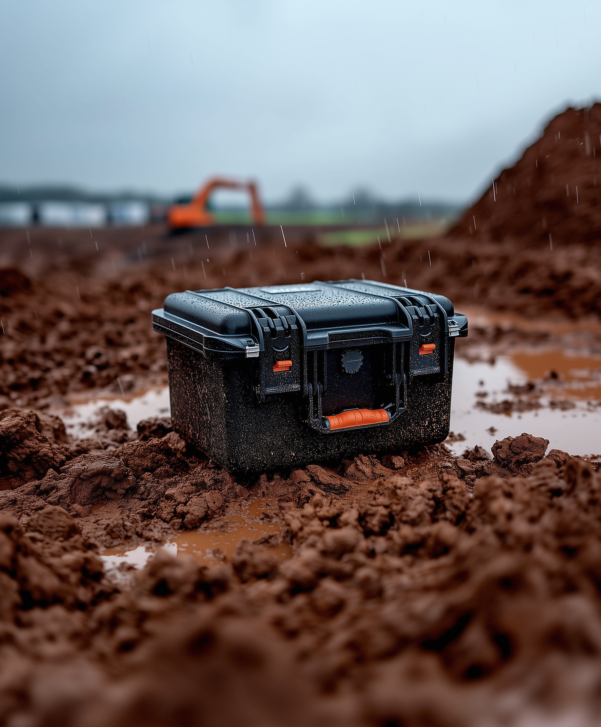 Valise HUSK sur un chantier boueux pendant une averse