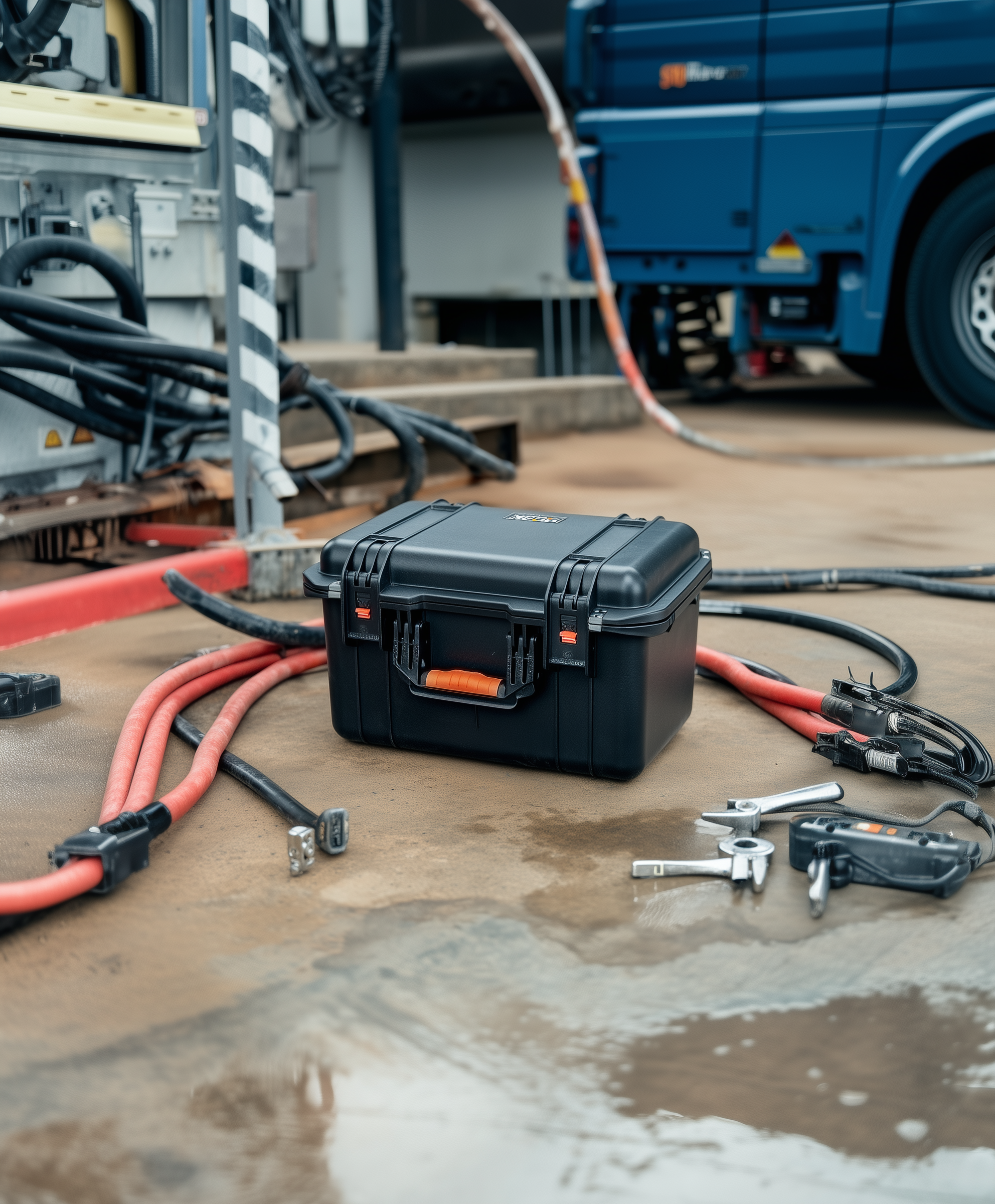 Mallette de protection HUSK utilisée dans un environnement de travail industriel avec des câbles et des outils